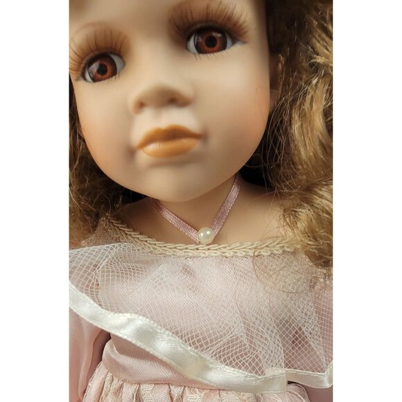 Vintage Collectible Porcelain Doll with Pink Satin and Lace Dress - Picture 6 of 15